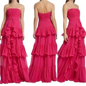 Badgley Mischka Strapless Tiered Ruffle Gown